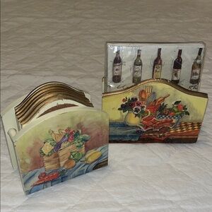 Vintage Decorative Painting Wooden Napkin Holder And Coaster Holder Set